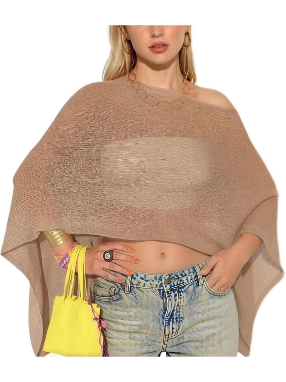 Women's Sheer Brown Lightweight Knit Crochet Shrug Bolero Mesh Batwing Cover Up